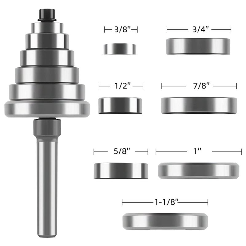 KOWOOD Rabbet Router Bit 1/4" Shank, 1-3/8" Height Multi-Slot Milling Cutter Bit (7 Bearings, Multiple Depths 1/8", 3/16",1/4", 5/16", 3/8", 7/16", 1/2") Interchangeable and Adjustable Bearings. - Image 3